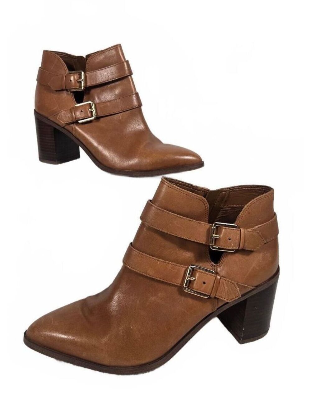 Franco Sarto "Buck" Leather Ankle Booties Cognac Tan Size 10M Buckle Western